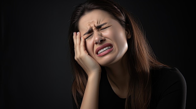 Woman expressing common tooth pain symptoms against a white background