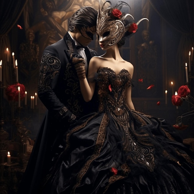 Photo woman in extravagant mask and black evening dress with a man standing at the hall among the candles