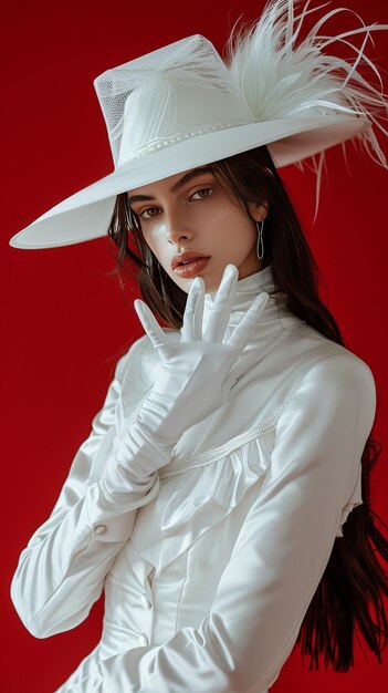 A woman exudes grace and elegance in a white hat and dress