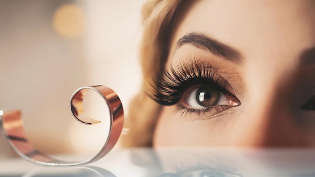 Woman eye with a curl false eyelashes low angle view