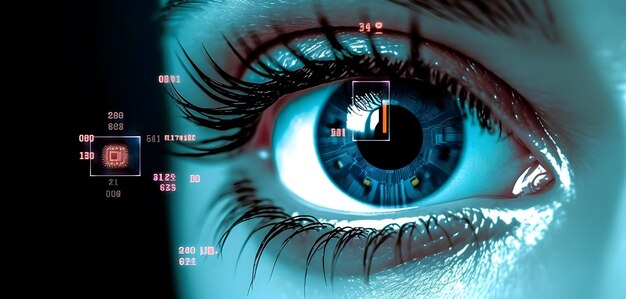 woman eye with digital coding iris screen concept of iris recognition ai generated