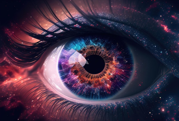 Женский глаз со звездами и космическим пространством крупным планом Генеративный искусственный интеллект Туманности в космосе