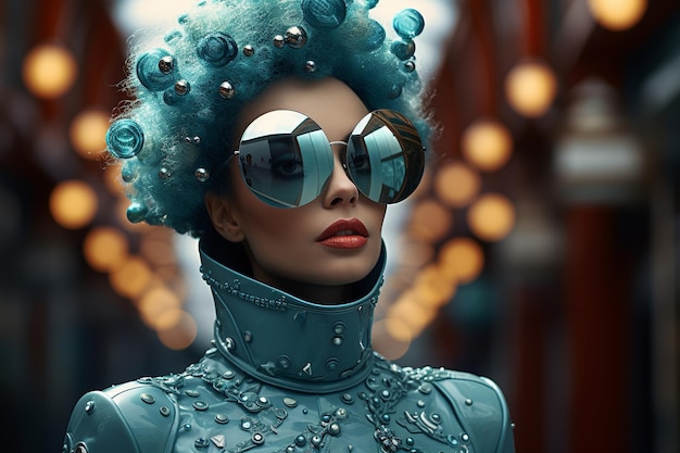 안경을 쓴 여자가 배경에 서서 기계의 스타일로 장식된 미래주의 도시