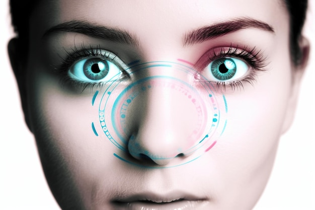 A woman eyes zoom with neon scanner