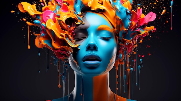 Woman face adorned with flowing paint art multicolor explosion Generative AI