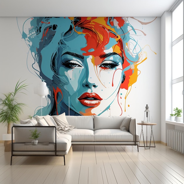 Woman face colorful on the wall of the living room