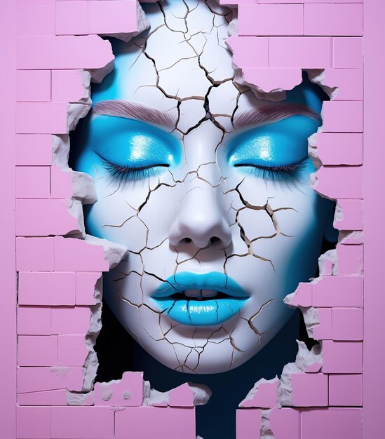 Woman face emerging from the wall and bricks canvas with transform face and surreal picture