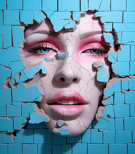 Foto volto di donna che emerge dal muro e dalla tela di mattoni con volto trasformato e immagine surreale