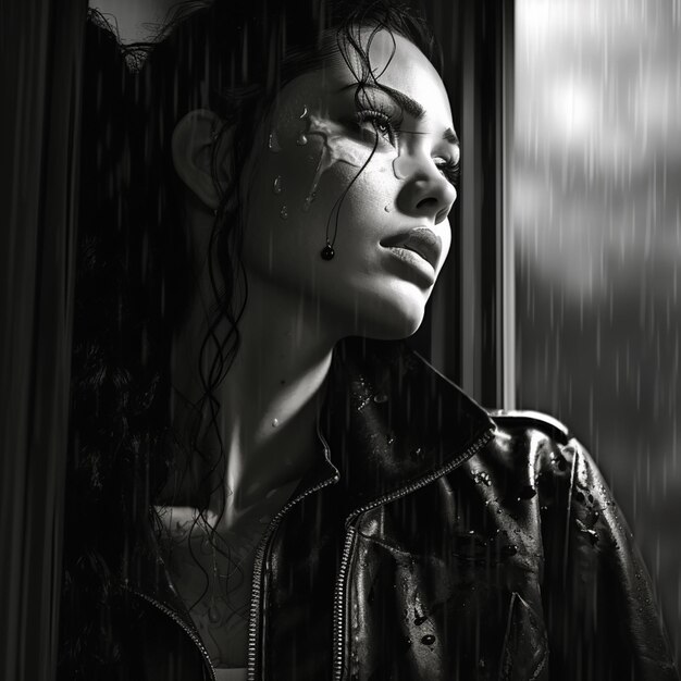 Photo a woman face is shown sitting in the window in the rain in the style of black and white