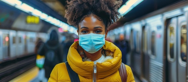 Photo woman in face mask at subway station