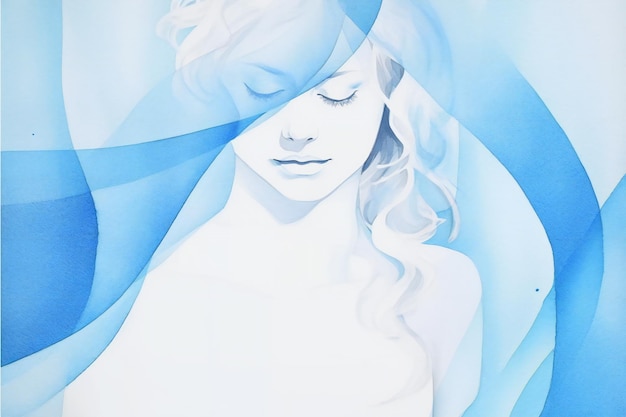 女性の顔の肖像画 青い抽象的な水彩の背景 紙の質感