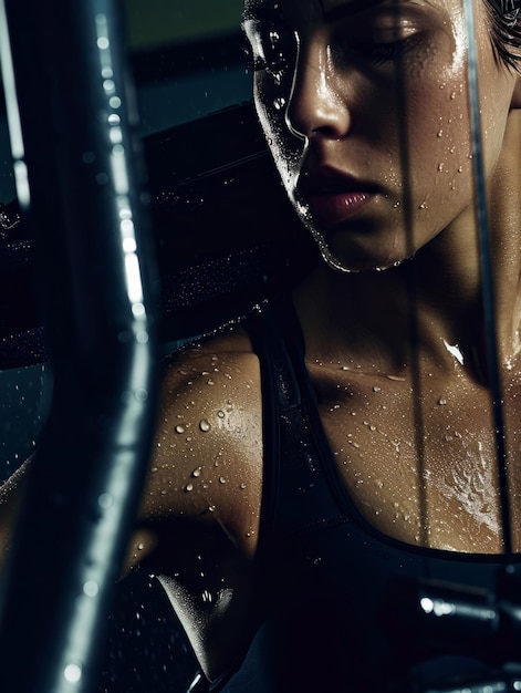 Woman face and sweat on athlete skin in workout exercise or body builder with strong muscle in pose