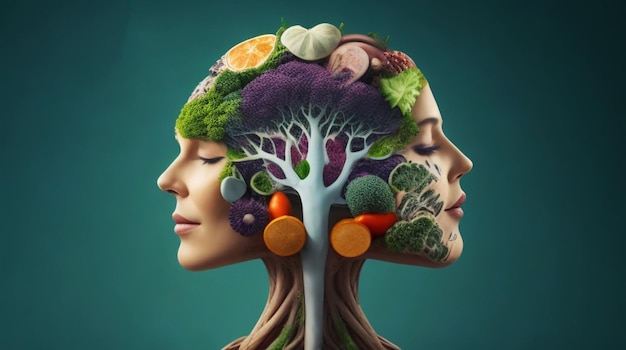 A woman face tree with kitchen elements in the middle of brain