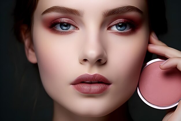 Woman face using dry powder cosmetic in glass box for facial skin care close up