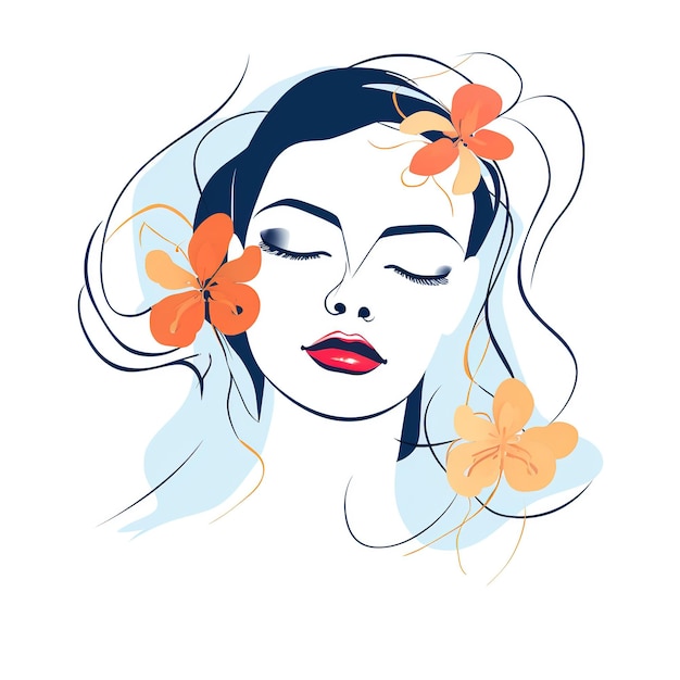 Woman face with flowers Surreal Line art female floral girl PNG transparent Generative Ai