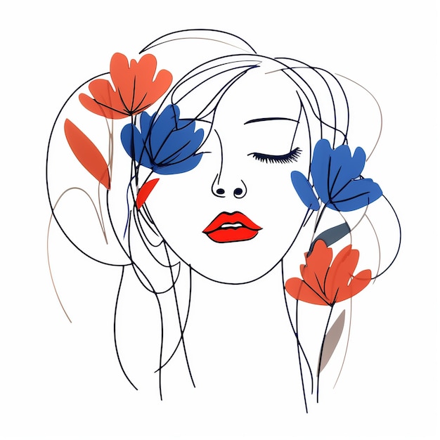 Woman face with flowers Surreal Line art female floral girl PNG transparent Generative Ai