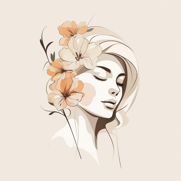 Woman face with flowers Surreal Line art female floral girl PNG transparent Generative Ai