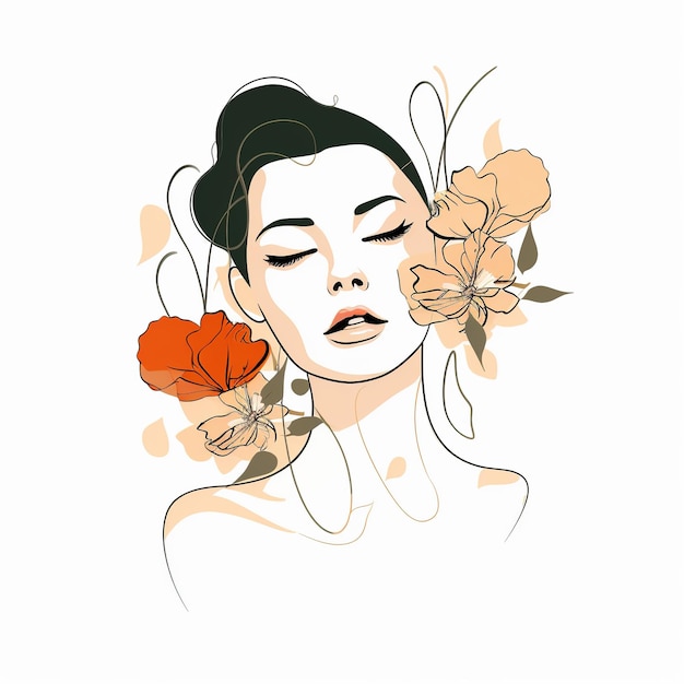 Woman face with flowers Surreal Line art female floral girl PNG transparent Generative Ai