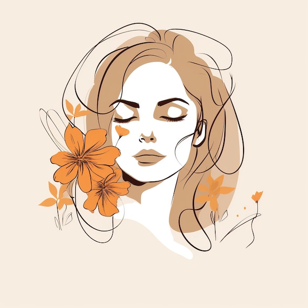 Woman face with flowers Surreal Line art female floral girl PNG transparent Generative Ai