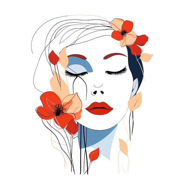 Woman face with flowers Surreal Line art female floral girl PNG transparent Generative Ai