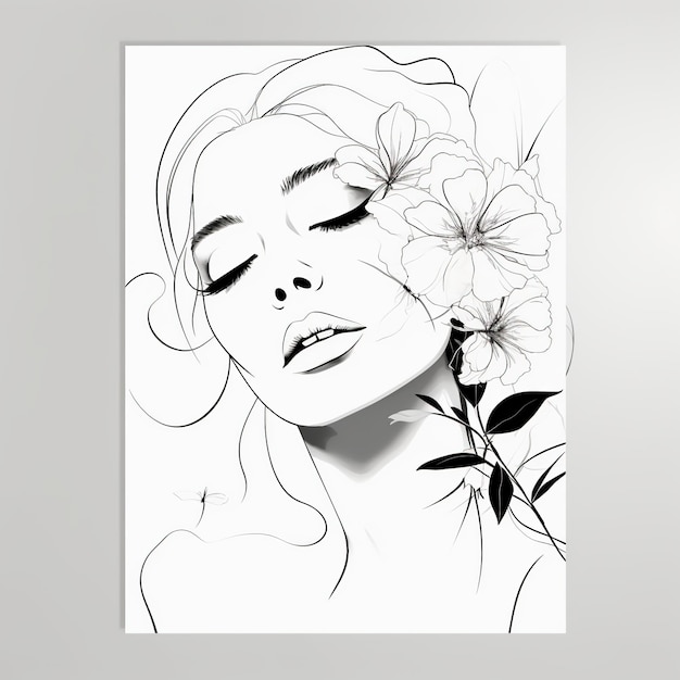 Woman face with flowers Surreal Line art female floral girl PNG transparent Generative Ai