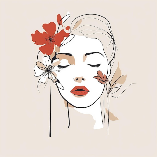 Woman face with flowers Surreal Line art female floral girl PNG transparent Generative Ai