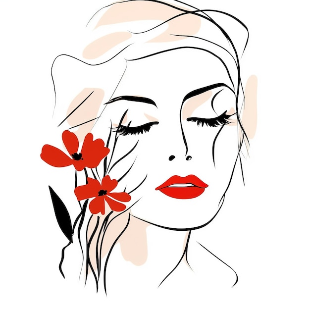 Woman face with flowers Surreal Line art female floral girl PNG transparent Generative Ai