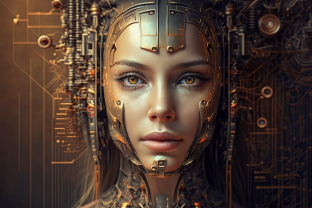 Woman'face with futuristic circuit board in the background Generative AI