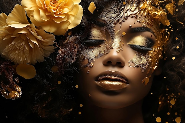 Woman face with golden glittering decorations and yellow flowers