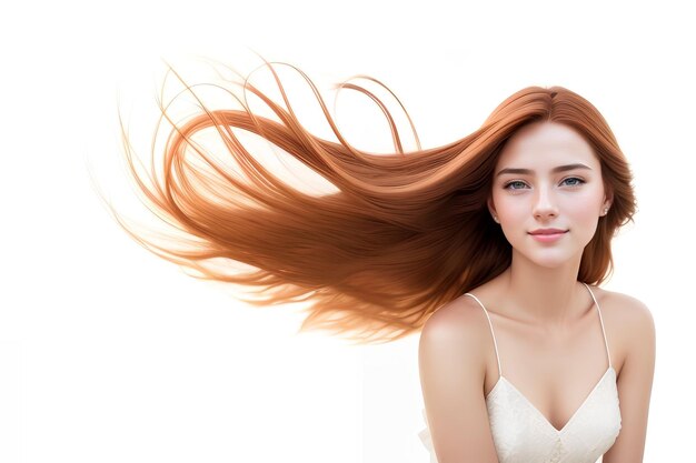 Woman Face with Healthy Red Flying Hair isolated on white background Shiny closeup Generative AI