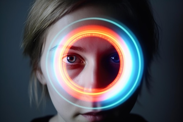 Woman face with neon scanner photo aesthetic