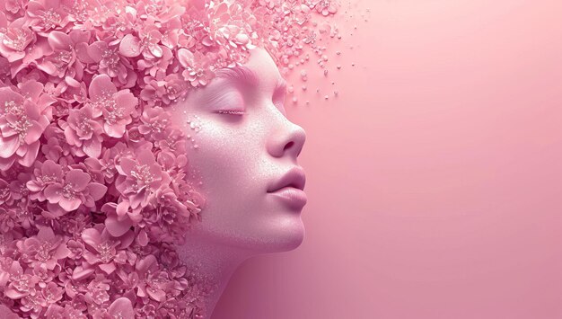 Foto faccia di donna con fiori rosa nei capelli