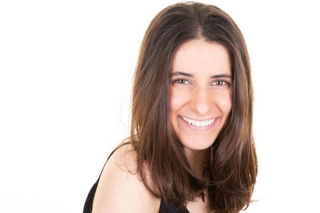 Woman face young pretty cheerful happy girl smiling laughing looking at camera over white background