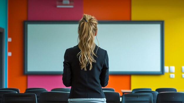 woman facing a white board with a marker in hand Dressed in professional attire