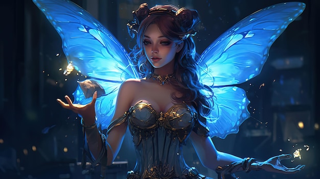 A woman in a fairy costume with wings and a light in the background