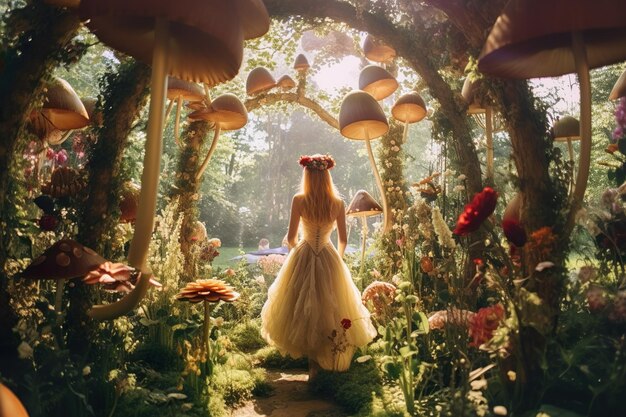 A woman in a fairy tale forest with mushrooms on her head