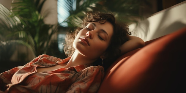 Photo woman falls asleep on the sofa generative ai