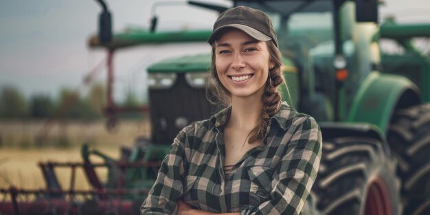 woman farmer on the background of a tractor Generative AI