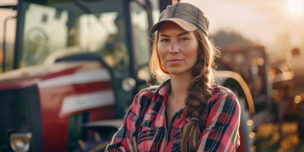 woman farmer on the background of a tractor Generative AI