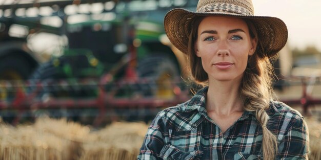 woman farmer on the background of a tractor Generative AI