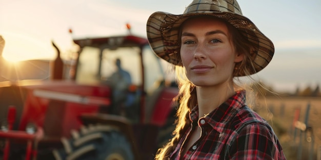 woman farmer on the background of a tractor Generative AI