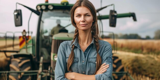 woman farmer on the background of a tractor Generative AI