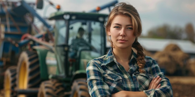 woman farmer on the background of a tractor Generative AI