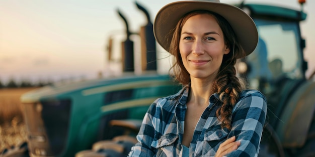 Foto agricoltore donna sullo sfondo di un trattore ai generativa