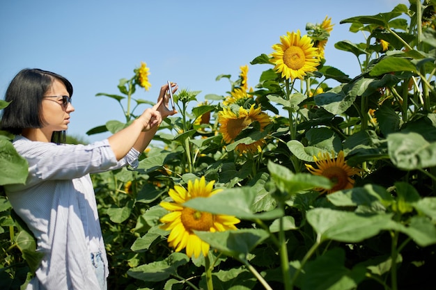 Woman farmer, bussineswoman take photo on tablet field Organic sunflower, sales online, growing seeds for production of vegetable oil. Smart farming digital agriculture, modern technology