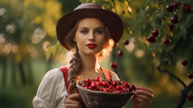 Woman farmer in the garden harvests apples