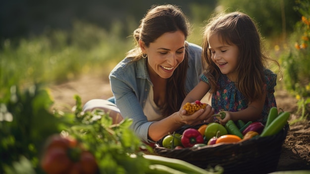 Woman farmer harvesting lettuce from a field with her daughter