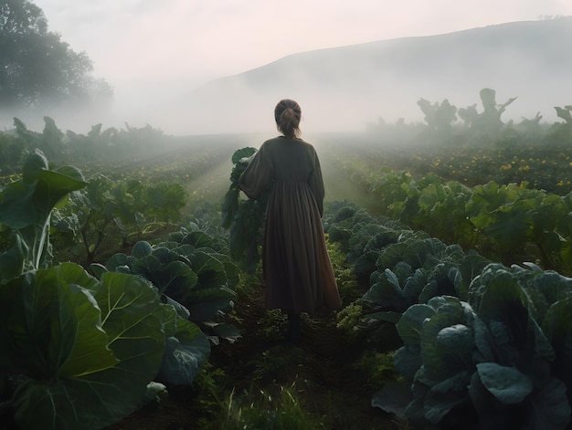 霧のある畑で野菜を収している女性農夫