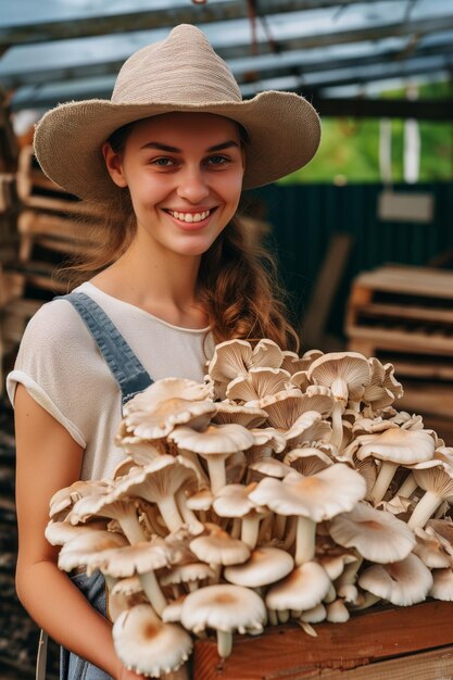 女性の農夫がキノコの箱を持っています