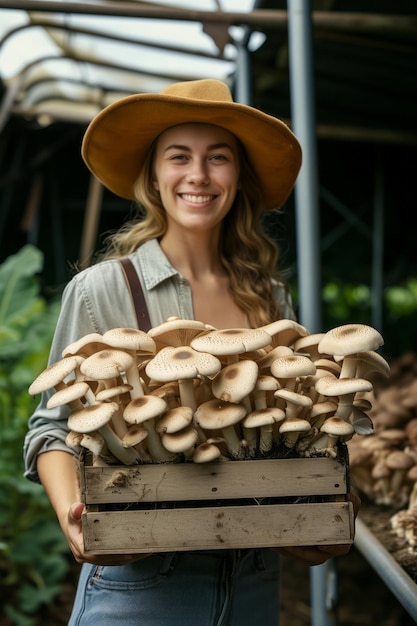 Woman Farmer holding box with mushrooms